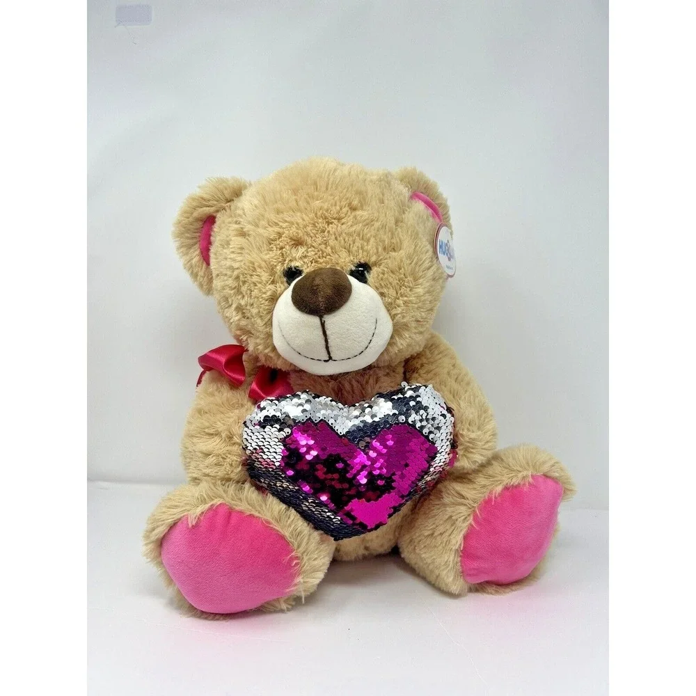 Hug&Luv Brown Bear and Pink Tie Plush Stuffed Toy w/ Heart Reversible Color Gift